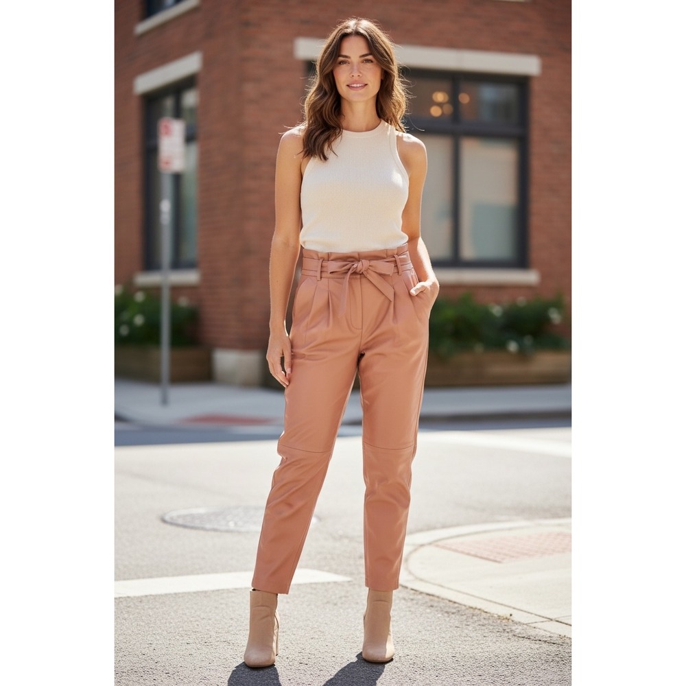 Blank NYC Vegan Leather Paperbag Waist Tapered Pant Rose Pink 46E-2247AP Size 25